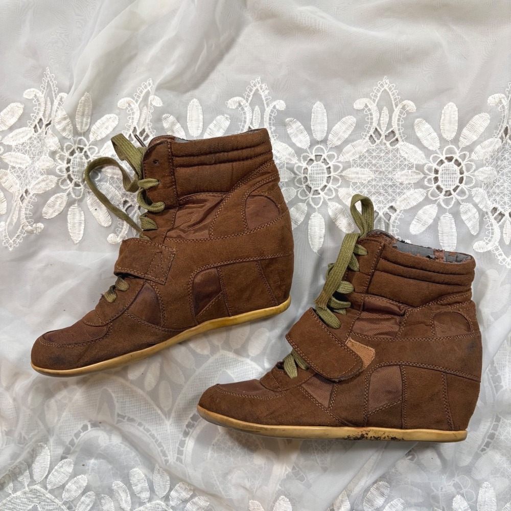 Y2K Wedge Sneakers Brown Suede Mesh High Top Lace Up Shoes Size 10 40
